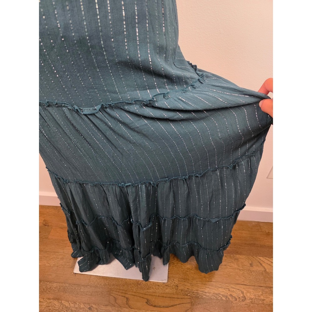 Cleobella Teal Green Metallic Silver Pinstripe Tiered Maxi Dress XS Open Back - Picture 4 of 9